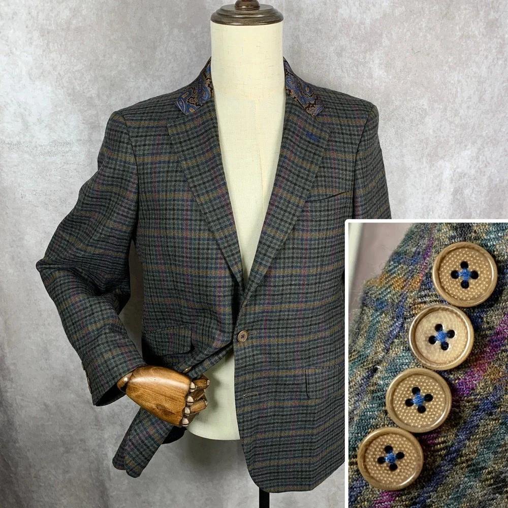 Robert Graham Blazer Jacket Men 40 Classic Check Windowpane Paisley Sport Coat